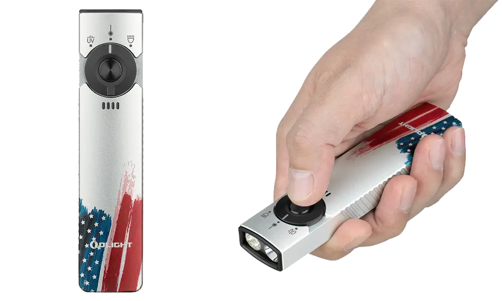 Olight Arkfeld Pro Flat EDC Flashlight with LED Light UV and Laser, 5700k-6700k, Stars & Stripes Edition